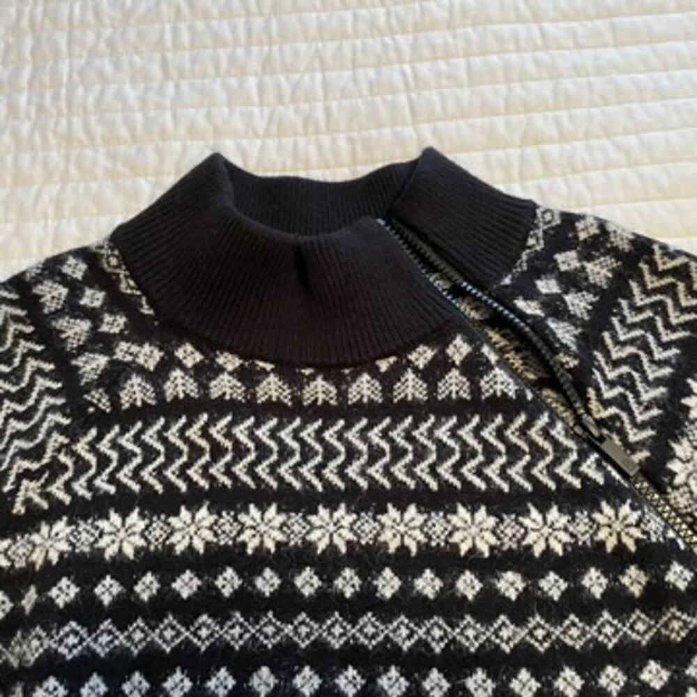 Lou & Grey Black White Fair Isle Mock Neck Asymmetrical Zip Sweater Womens Med - Picture 4 of 7